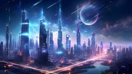 Futuristic city panorama with neon lights and skyscrapers