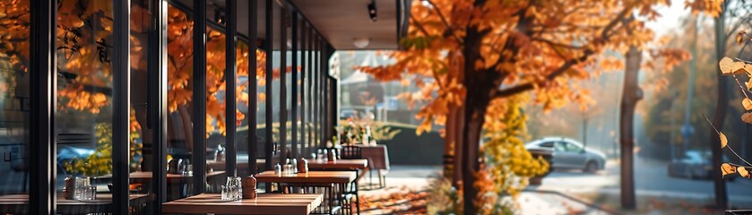Capturing the serene ambiance of a contemporary café amidst autumn foliage, bathed in sunlight, devoid of human presence - obrazy, fototapety, plakaty