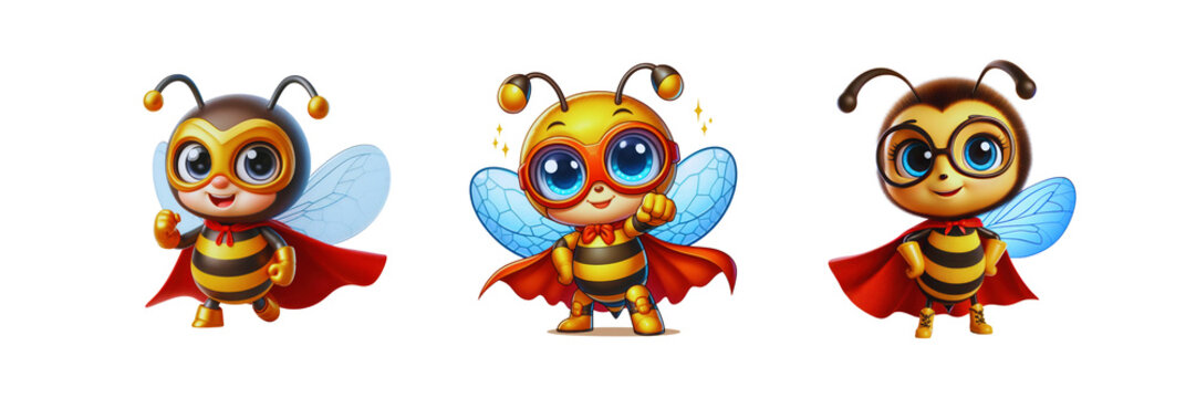 Set of Cartoon cute bee superhero illustration, isolated over on transparent white background