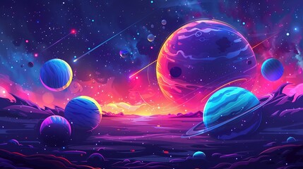 Space exploration, futuristic and colorful, vector graphic, among the stars and planets , sci-fi tone, technology - obrazy, fototapety, plakaty