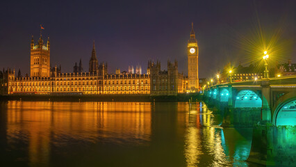 A view of the Westminster Bridge, Big Ben and the houses of Parliament, London, UK in the evening.  