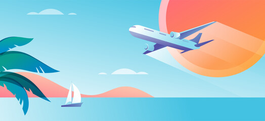 Summer and Travel concept design. Beautiful nature palm leaf on tropical beach landscape, panoramic view, with flying plane. Abstract background with copy space. Vector design