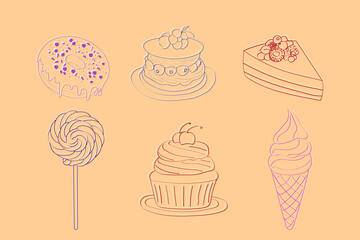 Various types of cakes and desserts, including cupcakes, pies, tarts, pastries, and more. Each dessert is uniquely depicted with intricate details and vibrant colors