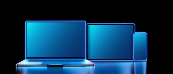 Foto op Aluminium Sleek Gadgets with Neon Glows: Laptop, Tablet, and Smartphone. Elegant and modern electronic devices with vibrant neon outlines stand against a dark background, showcasing cutting-edge technology © ZinetroN