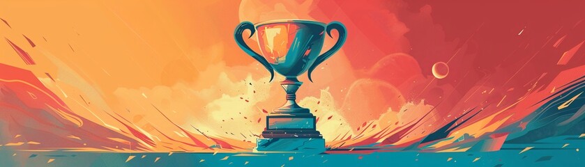 Trophy with ribbon, vintage poster style, pastel retro colors, nostalgic and warm home environment , sci-fi tone, technology