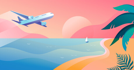 Summer and Travel concept design. Beautiful nature palm leaf on tropical beach landscape, panoramic view, with flying plane. Abstract background with copy space. Vector design