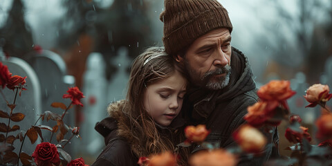 grieving man with his 10 years old daughter, cemetery,generative ai