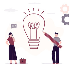 Businesswoman thinking about new idea. Aspiration to success in business, ideas from creativity and imagination. Mentor draws lightbulb and helping woman brainstorming