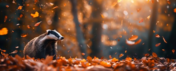 European badger standing in the autumn forest with leaves falling down from the trees.  - obrazy, fototapety, plakaty