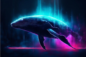 A fabulous whale with a neon light. Dark background. AI