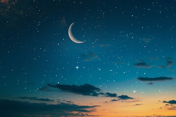Naklejka na ściany i meble A crescent moon shines in the azure sky among twinkling stars. Generative AI