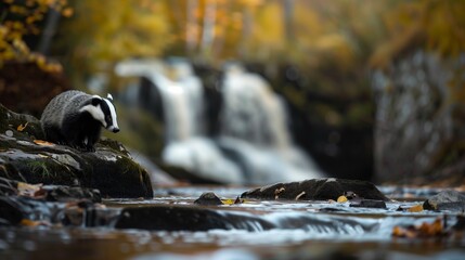 European badger standing near the river in autumn forest with waterfall in the background.  - obrazy, fototapety, plakaty