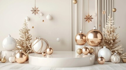 Gold and White Shiny Christmas Decorative Items on White Stage Mock-Up