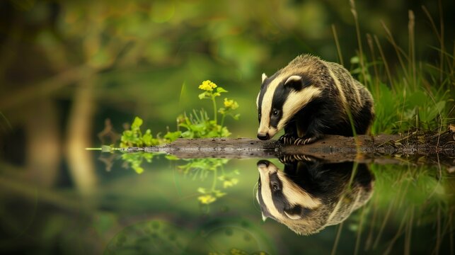 European badger looking at its reflection in the water. 