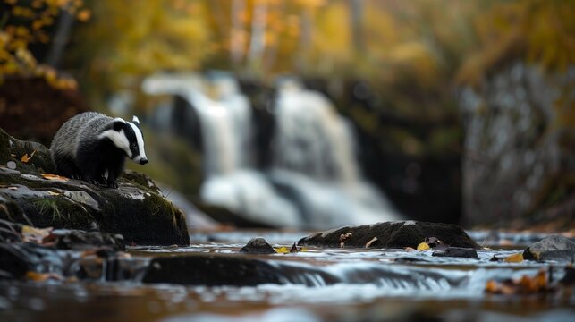 European badger standing near the river in autumn forest with waterfall in the background. 
