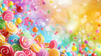 Cheerful Candyland-inspired background adorned with a variety of colorful candies. Playful and inviting design. - obrazy, fototapety, plakaty