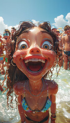 Vertical recreation of a happy girl splashed of water drops in the shore of a beach