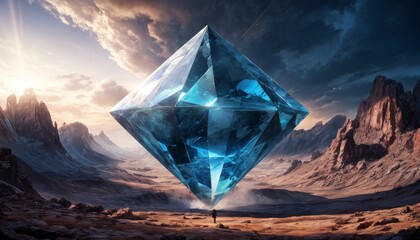 A colossal blue crystal hovers above a barren desert, dwarfing a lone observer amidst towering rock formations under a dramatic sky.