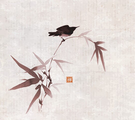 Ink painting of little bird on  bamboo branch. Traditional oriental ink painting sumi-e, u-sin, go-hua. Hieroglyph - zen