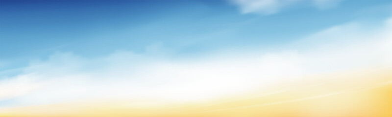 Obraz premium Sky blue with cloud background ,Vector Horizon beach sunset with yellow color on spring,Panorama beautiful Nature morning sunrise sky in sunny day Summer,Banner landscape background