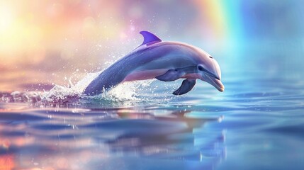 A dolphin leaps gracefully, casting a spray of water that turns into a vivid rainbow, serene ocean backdrop - obrazy, fototapety, plakaty