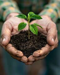 Closeup of hands nurturing a young plant, symbolizing ecofriendly practices and resource saving