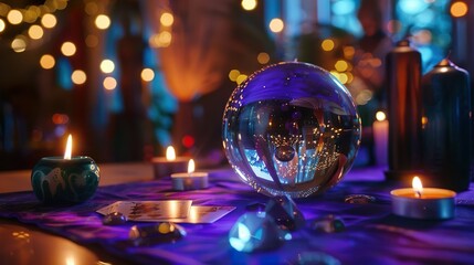 Table with crystal ball and candels, card reading and divination, occult table - obrazy, fototapety, plakaty
