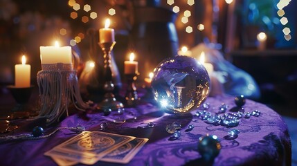 Table with crystal ball and candels, card reading and divination, occult table, - obrazy, fototapety, plakaty