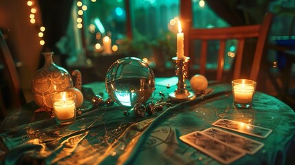 Table with crystal ball and candels, card reading and divination, occult table, - obrazy, fototapety, plakaty