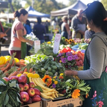 A woman is at a market, looking at the produce. There are many different types of fruits and vegetables on display, including apples, bananas, and carrots. The woman is holding a bouquet of flowers