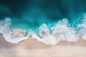 Beautiful aerial view of the ocean waves crashing onto white sand, with turquoise water. enchanting scene of nature's beauty.