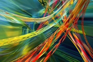 A colorful abstract painting with many different colors and shapes. The painting is full of energy and movement, with the colors blending and swirling together