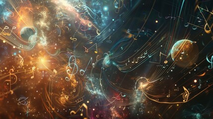 A colorful, abstract space scene with musical notes scattered throughout. Scene is one of wonder and curiosity, as the viewer is drawn into the intricate patterns and shapes of the music notes - obrazy, fototapety, plakaty