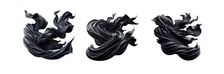 Set of flying black Silk fabric waving illustration, isolated over on transparent white background
