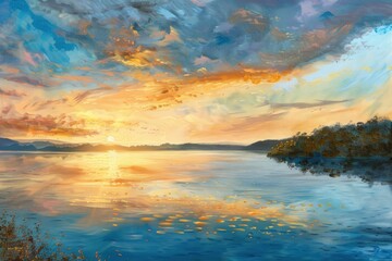 Fototapeta na wymiar A painting of a sunset over a lake with a reflection of the sun on the water. The mood of the painting is serene and peaceful