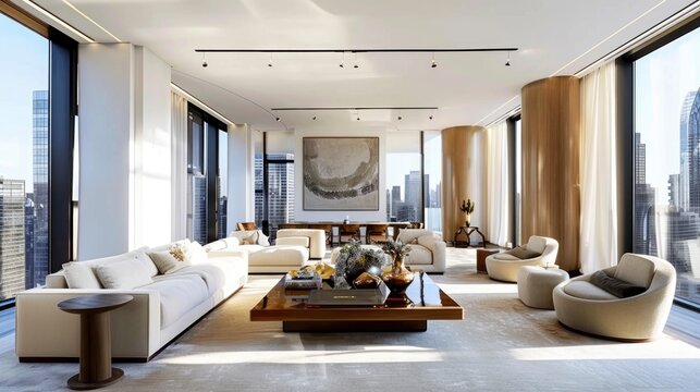 A large, open living room with a white couch, a coffee table, and a few chairs. The room is filled with natural light and has a modern, minimalist design. A large painting hangs on the wall