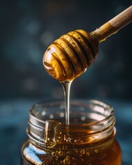 A jar of honey is poured out of a spoon. The honey is golden and thick, and it drips down the side of the jar. The scene is warm and inviting, with the honey symbolizing sweetness and comfort - obrazy, fototapety, plakaty