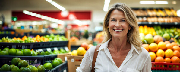 Beautiful middle-aged woman smiles while shopping at the supermarket with her trolley in the fruit...