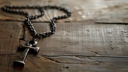 ankh pendant and chain necklace on old rustic wooden table. 