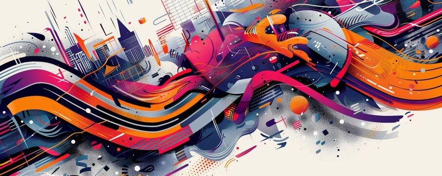 Incorporate swooping angles and bold typography to emphasize the energy of a music festival seen from above Use a mix of abstract shapes and lively