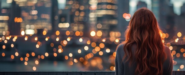 person with long wavy hair standing outside and looking at city buildings with lights. 