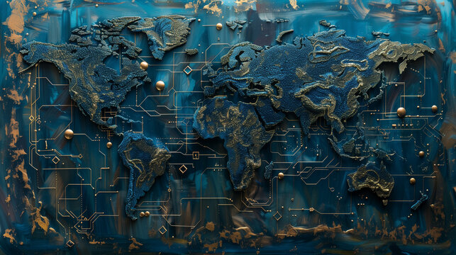 Abstract concept alien world map in gold and blue colors