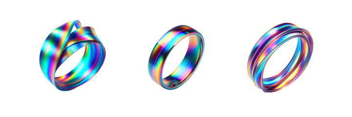 Set of Bright Holographic Ribbon Ring illustration, isolated over on transparent white background