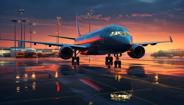 Airplane in the airport at sunset, 3d render illustration.