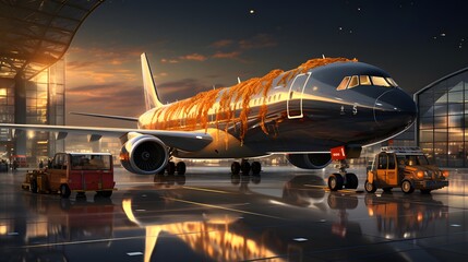 3D illustration of a passenger plane at the airport in the evening - obrazy, fototapety, plakaty