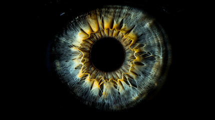 Realistic macro photography of the iris on a black background draws attention to its unique color shades and incredible details.