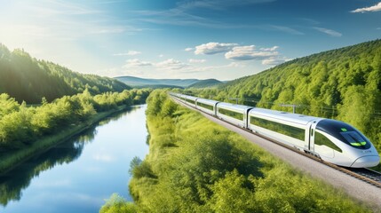 High - speed train driving through a beautiful landscape with a river and a forest - obrazy, fototapety, plakaty