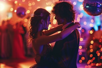 high school couple dancing on a dance floor at a high school prom, mirror ball above them, close up