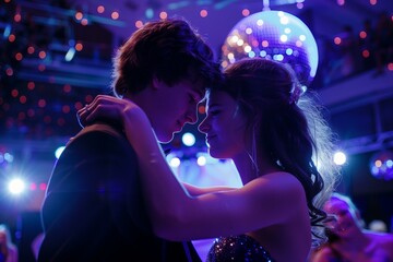 high school couple dancing on a dance floor at a high school prom, mirror ball above them, close up