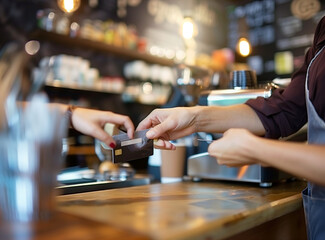 Close up of hands using a credit card to make a payment at a cash register. female customer is making a payment in the style of the saleswoman at cafe shop. photo with copy space for text and designs